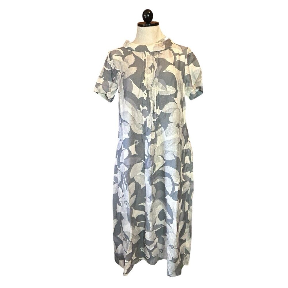 Logo Lori Goldstein Gray & White Floral Dress Collared Artsy XS Oversized‎ NWOT